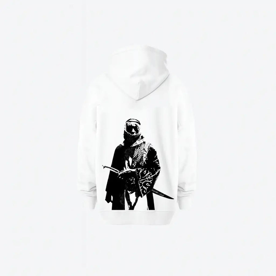 Saudi Warrior Hoodie | هودي أبيض بتصميم محارب سعودي يحمل سيف