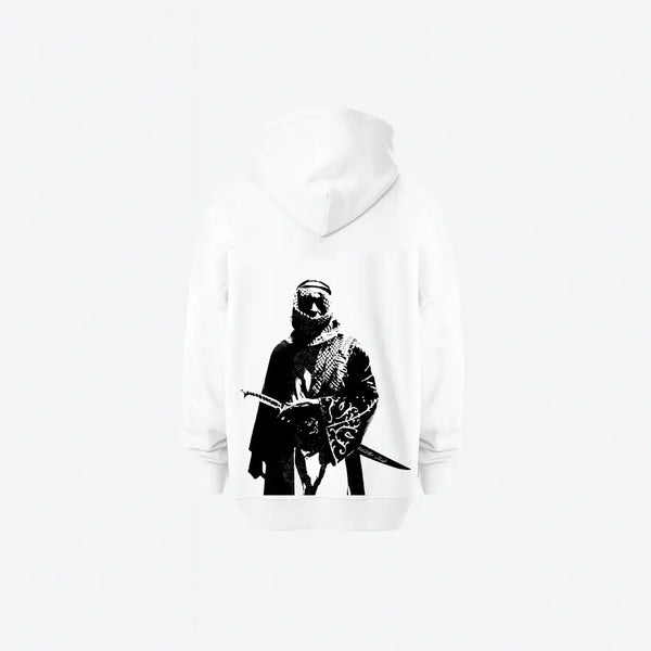 Saudi Warrior Hoodie | هودي أبيض بتصميم محارب سعودي يحمل سيف