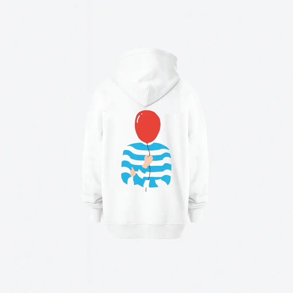Hoodie – Red Balloon & Blue Waves Graphic | NOVUS هودي بطباعة بالون أحمر وخطوط موج