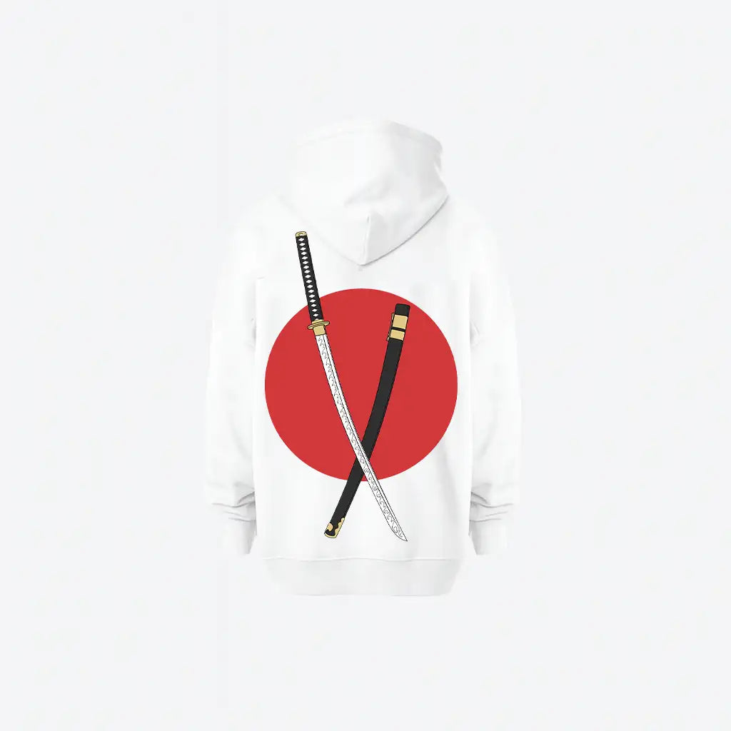 Katana Red Sun Hoodie | هودي أوفر سايز بتصميم شمس يابانية وسيوف كاتانا